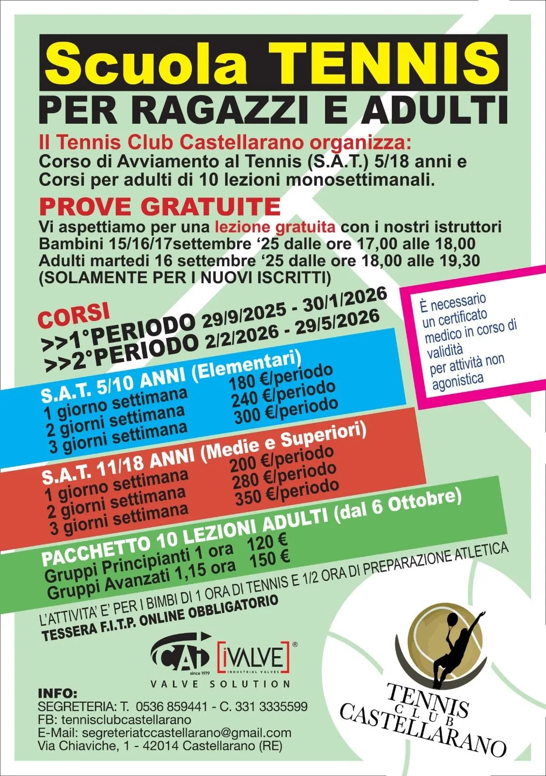 Scuola Tennis 2025/2026 per ragazzi e adulti